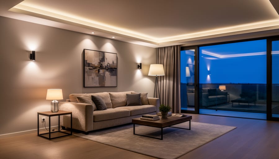 Compact bedroom with warm layered lighting and space-saving furniture near the bed