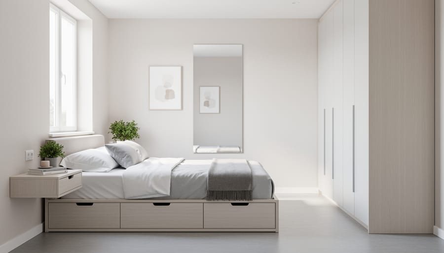 Bright compact bedroom featuring vertical storage furniture, built-in bed drawers, and a large mirror reflecting soft natural light for a spacious, uncluttered look.