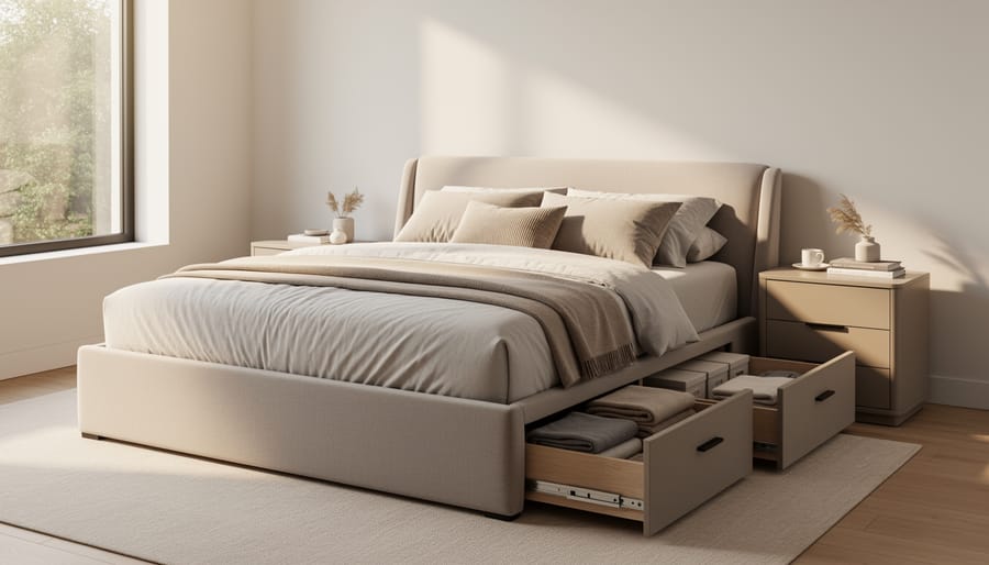 Small bedroom corner with a storage bed and minimalist bedside lighting
