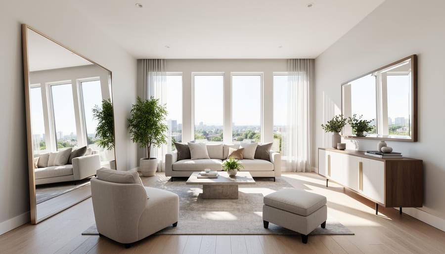 Large mirror reflecting sunlight in a bright, uncluttered bedroom