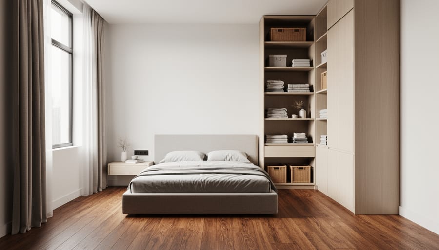 Bedroom with wall-mounted shelving and floating nightstands showing vertical storage