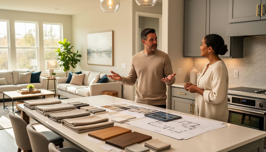 Interior designer and homeowner reviewing renovation materials in a bright open-plan living room.