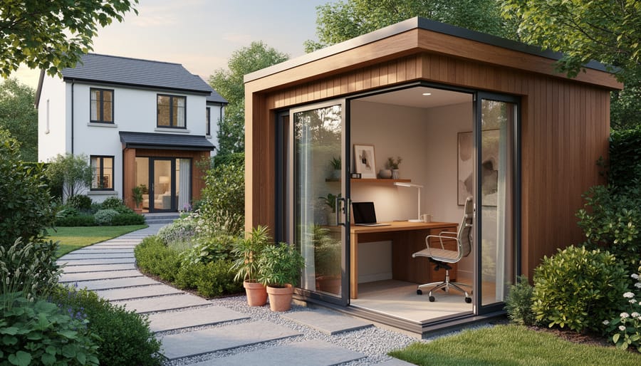 Wide view of a finished garden workspace shed with an open door, surrounding greenery, and a desk visible inside.