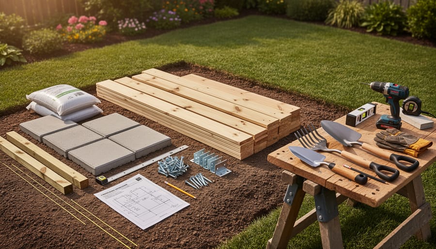Construction tools and materials arranged together for building a garden workspace, including level, drill, gravel, and weatherproofing.