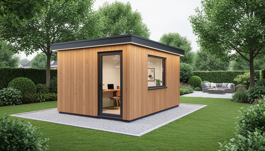 Finished insulated garden workspace shed in a backyard, placed on a leveled gravel foundation with windows showing a small desk inside.