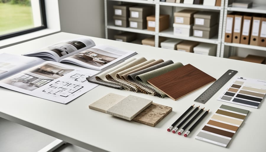 Close-up of interior design material swatches on a desk with a designer reviewing a textured sample board.