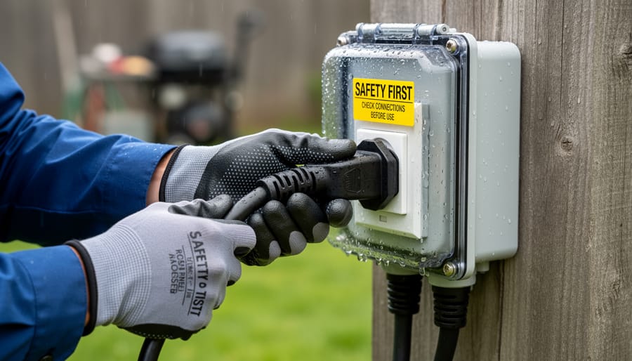 Close view of hands inspecting outdoor-rated electrical components near a garden workspace with weatherproof conduit and junction box.