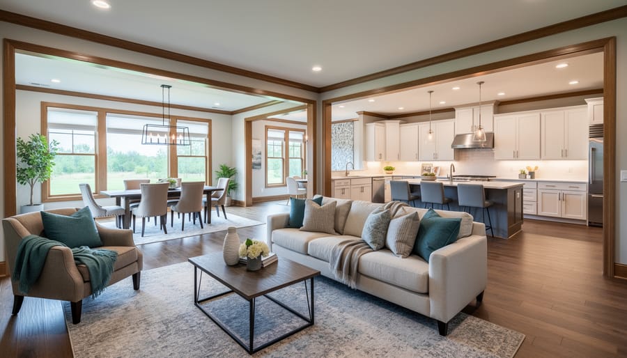 Interior designer and contractor talking in a modern kitchen adjacent to a dining area.
