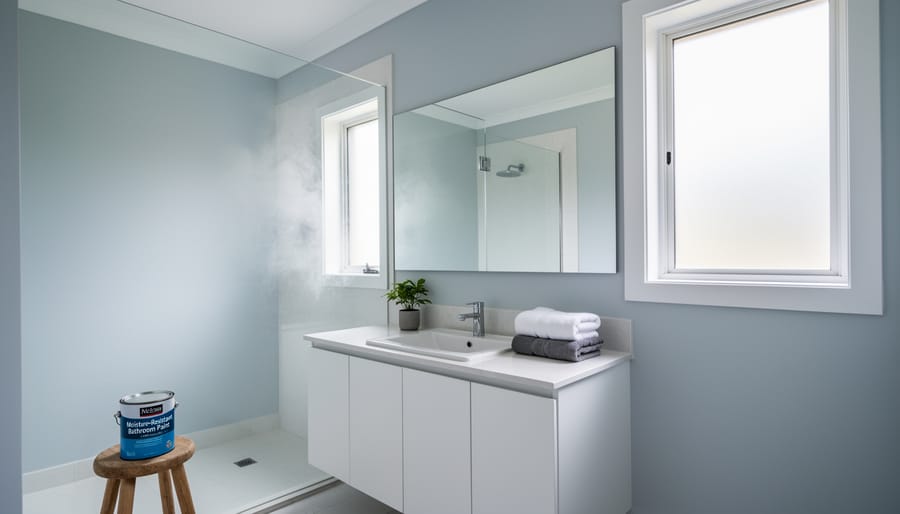 Paint roller applying fresh white paint to a bathroom wall with moisture-resistant finish