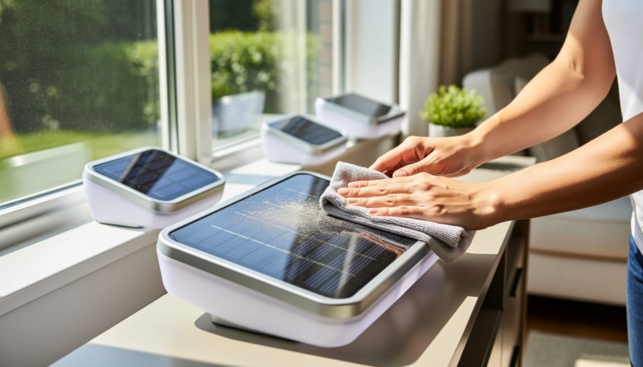 Gloved hands wiping a solar panel with a microfiber cloth to remove dust and smudges.