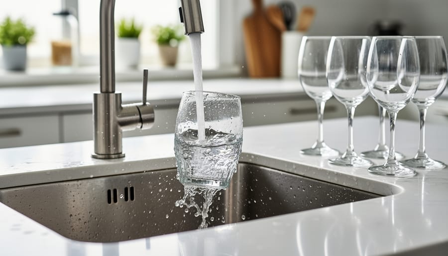 A glass being rinsed under a faucet above a sink and disposal with water droplets visible on the glass.