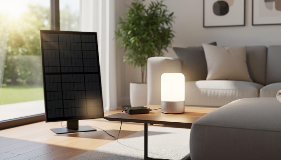 A solar panel placed on a windowsill next to an indoor solar light fixture in a bright living room.