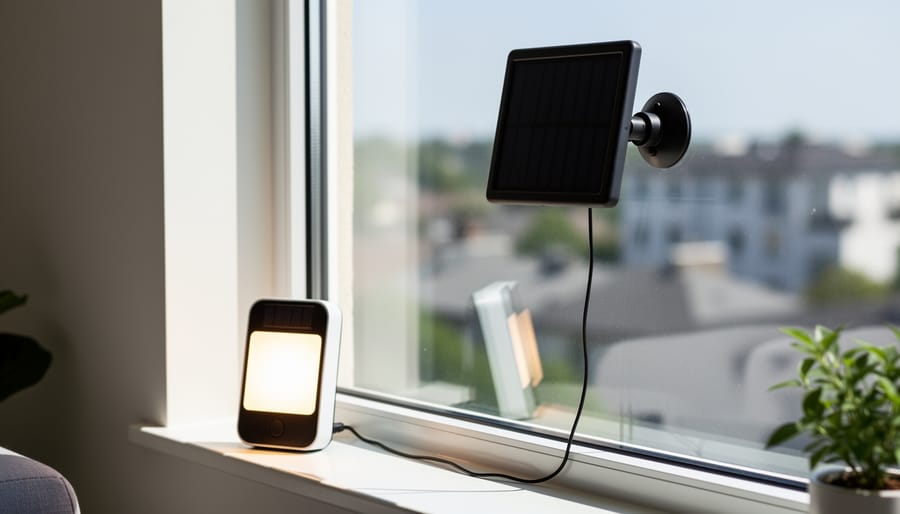 A suction-cup solar panel mounted on a living room window with a portable solar lamp on the nearby windowsill.