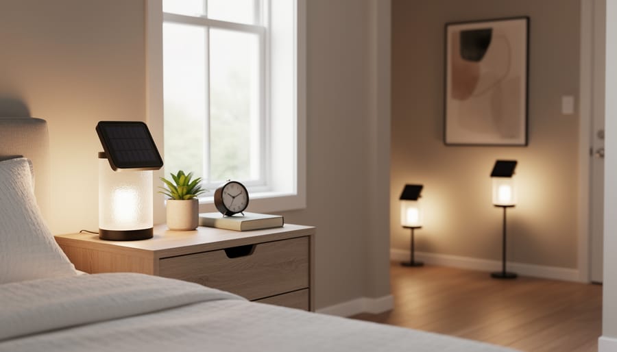 Sleek indoor solar lights glow in a modern bedroom hallway corner near a sunny window, showing a stylish cord-free lighting setup.