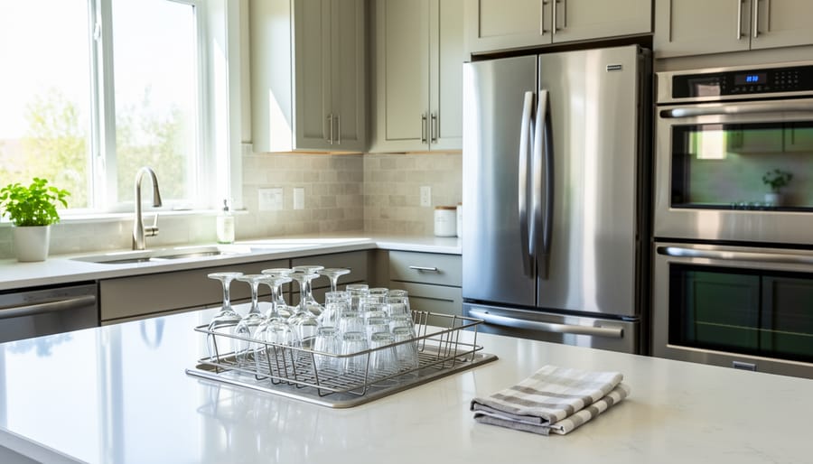 Clear drinking glasses and stemware on a clean kitchen counter next to a slightly open dishwasher and microfiber cloth.