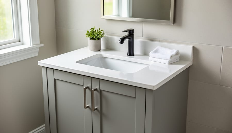 Refreshed bathroom vanity with updated faucet and matching cabinet hardware in a bright, modern space