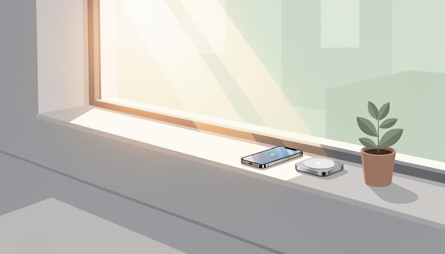 A sunlit windowsill with a detached solar panel and a nearby glowing solar lamp, with a reflective surface to improve light capture.