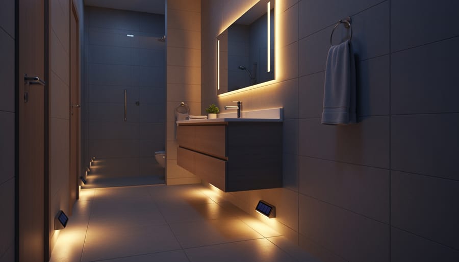 A solar-powered motion night light placed on a bathroom vanity countertop near a frosted cabinet and sink.